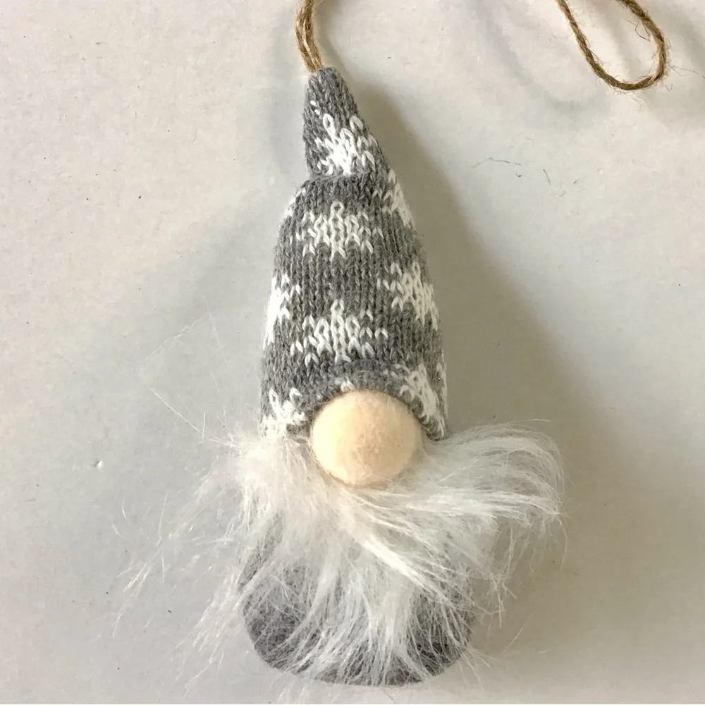 Gnome Ornament Gray White Knit Felted Wool Scandinavian Nordic Christmas 5.5”